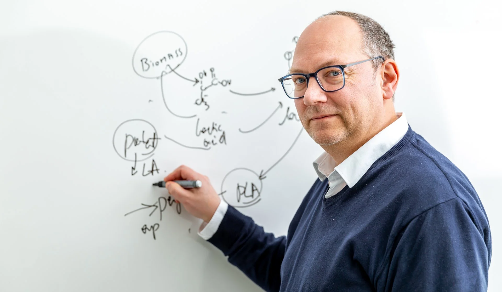 Un homme portant des lunettes et un pull bleu marine écrit un schéma sur un tableau blanc.