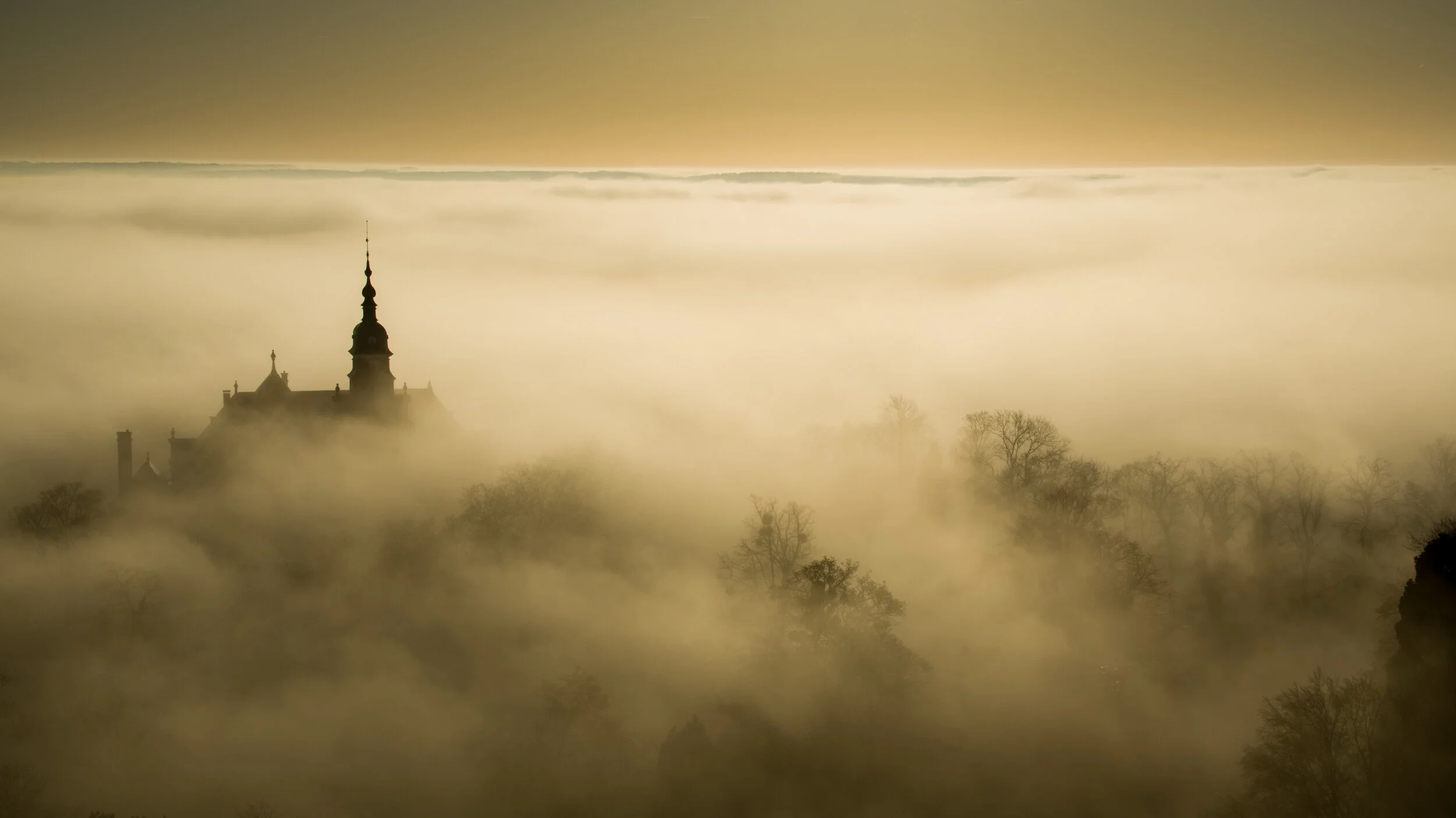 Vue aérienne d’un clocher émergeant de la brume au-dessus des arbres.